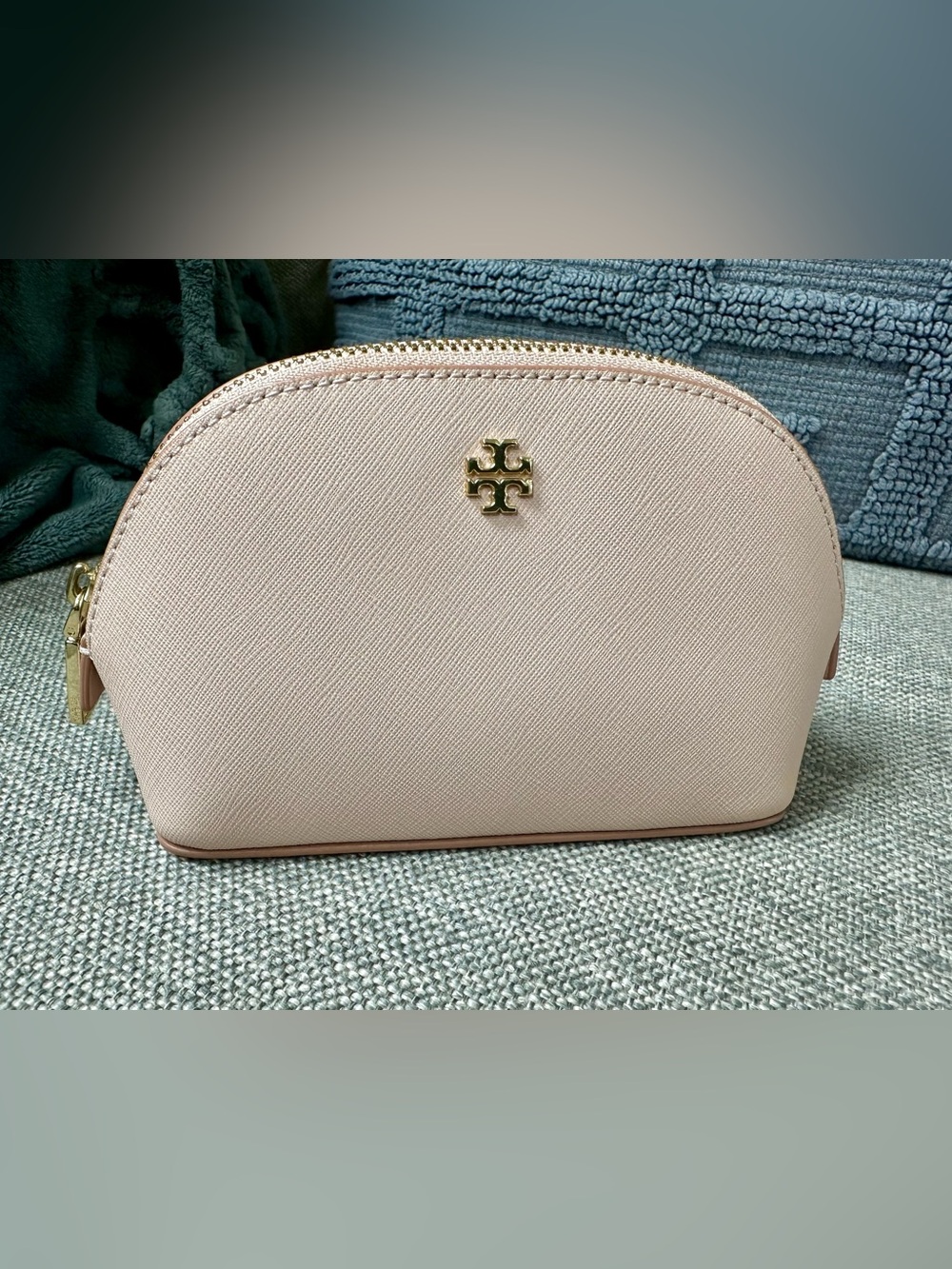 Tory Burch Blush Pink Saffiano Leather Cosmetic Pouch- signed by Tory Burch